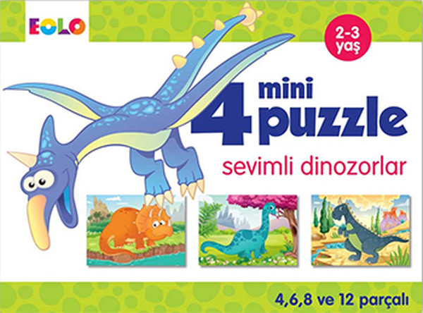 4 Mini Puzzle 2-3 Yaş Sevimli Dinozorlar (4,6,8 Ve 12 Parçalı)